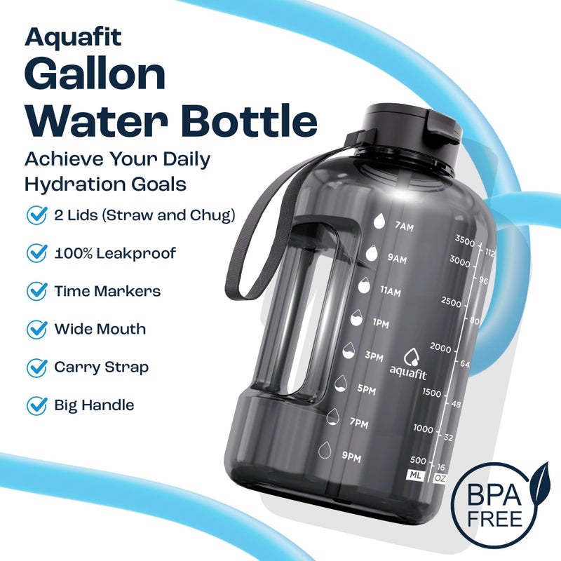 AQUAFIT 1 Gallon Water Bottle with Time Marker - Straw & Chug Lid - BPA Free Gym Water Bottle with Straw - Big Gallon Jug (Gray, 128 oz - 2 Lids) - Image 2
